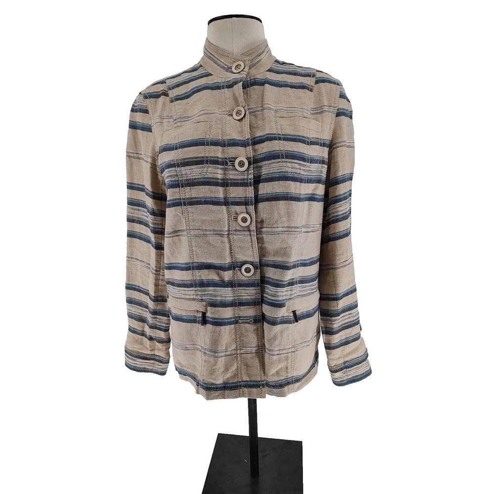Coldwater Creek Woman Beige Blue Stripe Linen Jacket 4 pocket Size 12 Sleeve Cuf